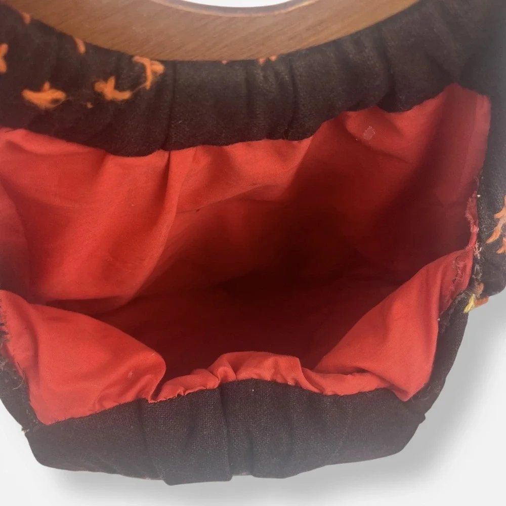 Vintage Tote Bag Boho Floral Brown Fabric Wood Handles‎ Embroidered Flowers